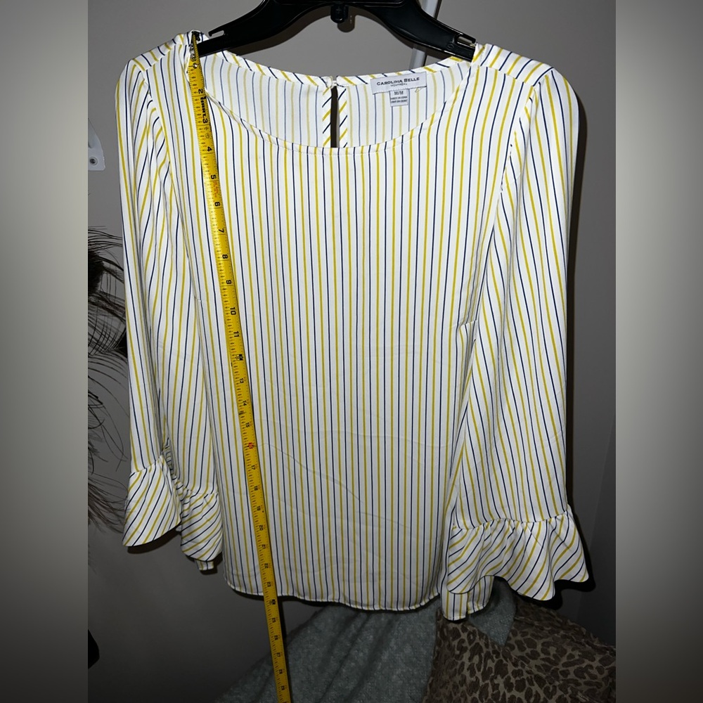 Carolina Belle white yellow and navy pin striped ladies blouse